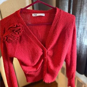 Zara Vibrant Red Cardigan with Textured Floral Accent
